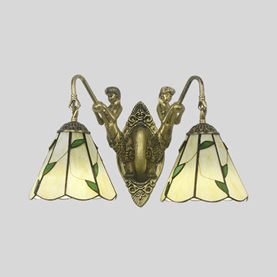 BowLift | Flared Wall Light 2 Heads White/Beige Glass Tiffany Wall Mount Lighting with Mermaid Backplate