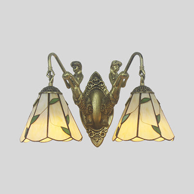 BowLift | Flared Wall Light 2 Heads White/Beige Glass Tiffany Wall Mount Lighting with Mermaid Backplate