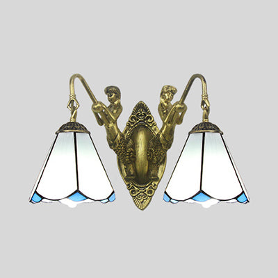 BowLift | Flared Wall Light 2 Heads White/Beige Glass Tiffany Wall Mount Lighting with Mermaid Backplate