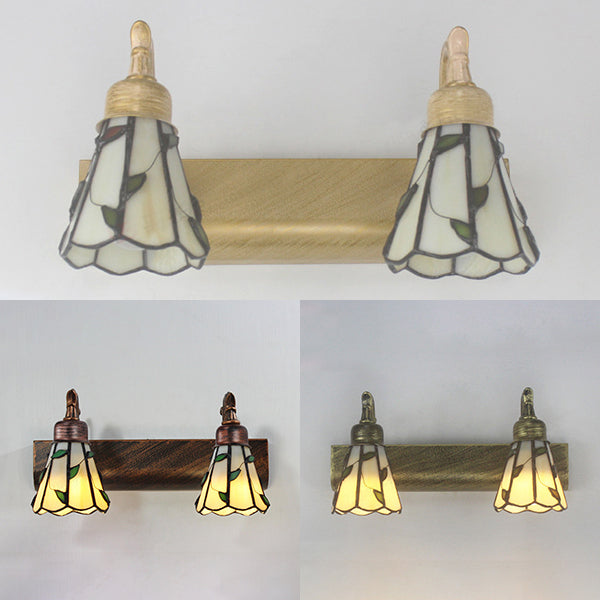 BowLift | Lodge Style Cone Wall Lamp with Leaf Design 2 Lights Filled Glass Wall Lamp in Bronze for Bathroom