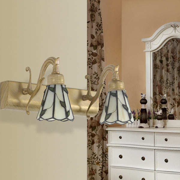 BowLift | Lodge Style Cone Wall Lamp with Leaf Design 2 Lights Filled Glass Wall Lamp in Bronze for Bathroom