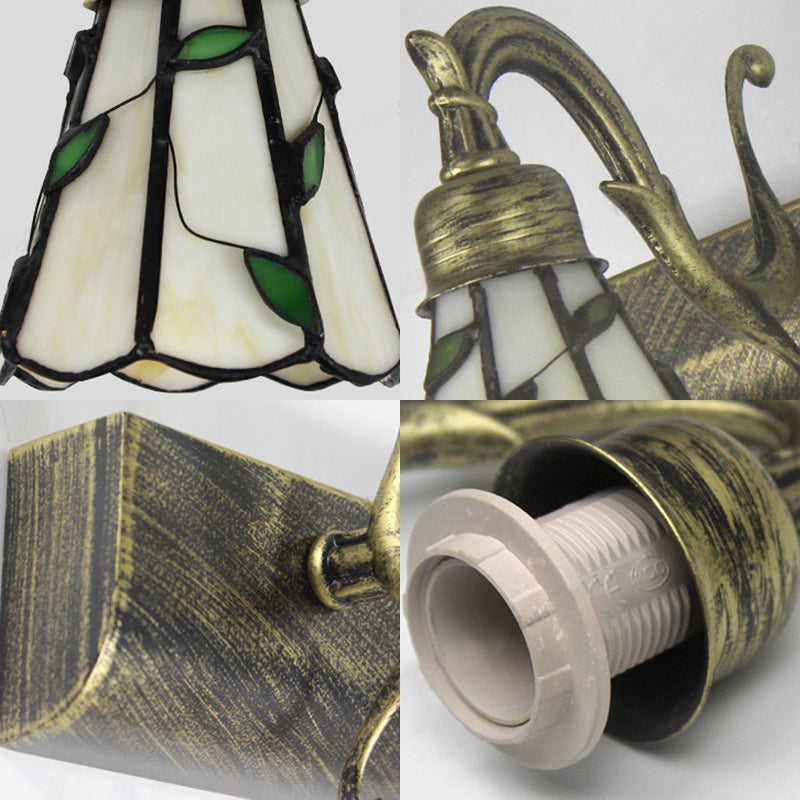 BowLift | Lodge Style Cone Wall Lamp with Leaf Design 2 Lights Filled Glass Wall Lamp in Bronze for Bathroom