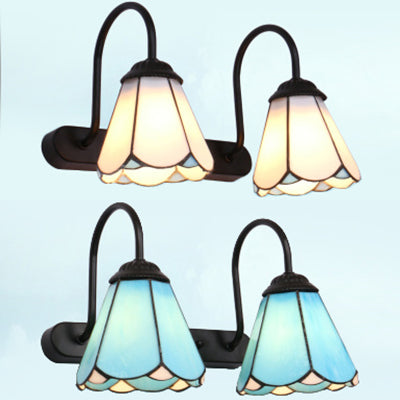 BowLift | Black 2 Heads Wall Light Vanity Tiffany White/Blue Glass Cone Wall Lamp for Bedroom