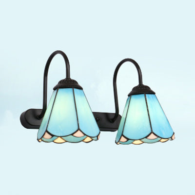 BowLift | Black 2 Heads Wall Light Vanity Tiffany White/Blue Glass Cone Wall Lamp for Bedroom