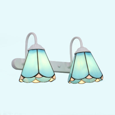 BowLift | 2 Heads Vanity Lighting Fixture Tiffany Cone White/Blue Glass Wall Mounted Lamp for Bedroom