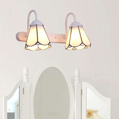 BowLift | 2 Heads Vanity Lighting Fixture Tiffany Cone White/Blue Glass Wall Mounted Lamp for Bedroom