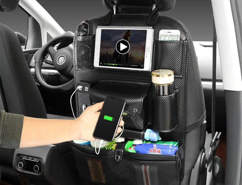 BowLift | Multifunctional Car Seat Back Large Capacity Storage Bag with 4 USB Charging Ports, Retractable Tray, Tablet Holder, Tissue Storage, Cup Holder, Large Storage Bag and More
