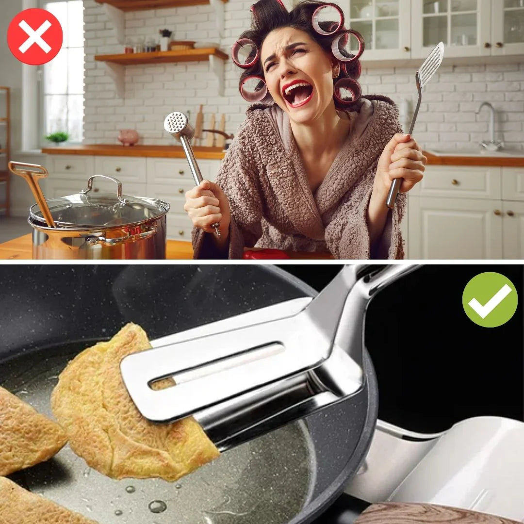 BowLift | Double-sided stainless steel turner with non-slip handle β Ideal for grilling and frying