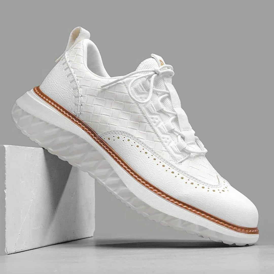 Woven Leather Sneakers with Brogue Detailing and Contrast Sole