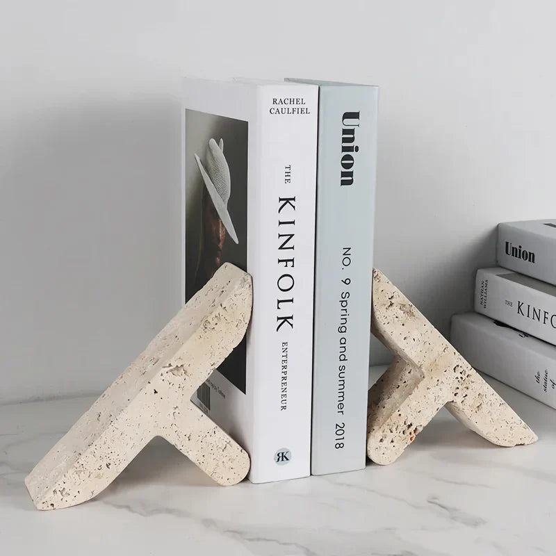 BowLift | Elegant Travertine Bookends for Shelves