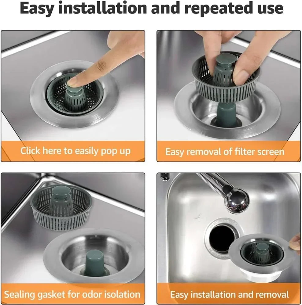 BowLift | Drain Strainer & Stopper | 304 Stainless Steel + ABS | Anti-Clog Basket | Fits Standard Kitchen Sinks
