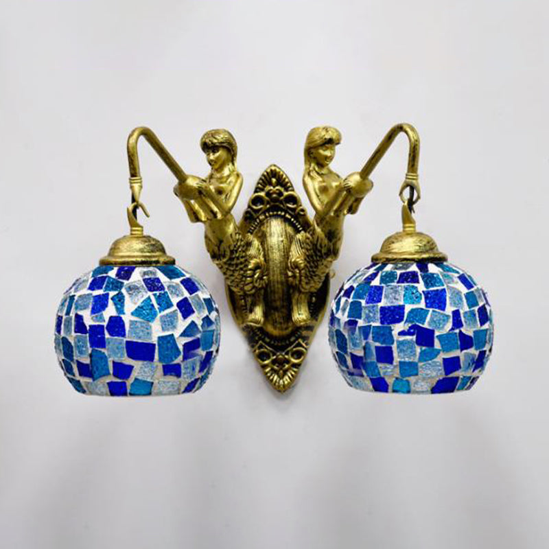 BowLift | 2 Lights Wall Mount Lighting Mediterranean Spherical Stained Glass Wall Lamp in Red/Yellow/Orange with Mermaid Arm