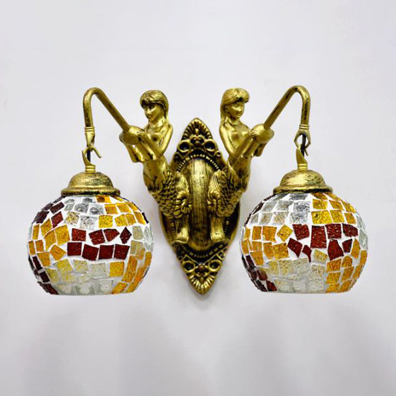 BowLift | 2 Lights Wall Mount Lighting Mediterranean Spherical Stained Glass Wall Lamp in Red/Yellow/Orange with Mermaid Arm