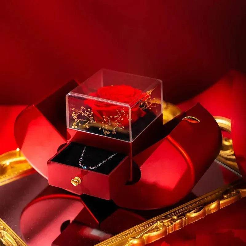 BowLift | Fashion Jewelry Box Red Apple Christmas Gift Necklace Eternal Rose For Girl Mother's Day Valentine's Day Gifts With Artificial Flower Rose Flower Jewelry Box