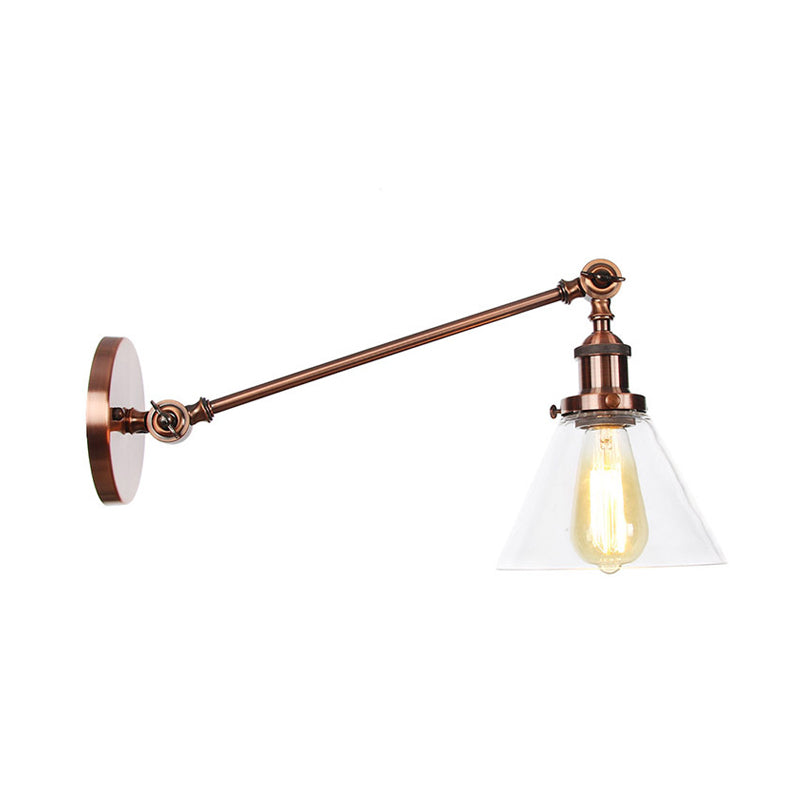 BowLift | Industrial Conical Wall Lamp 1 Light Clear Glass Lighting in Black/Bronze/Brass, 8"/12" L Arm
