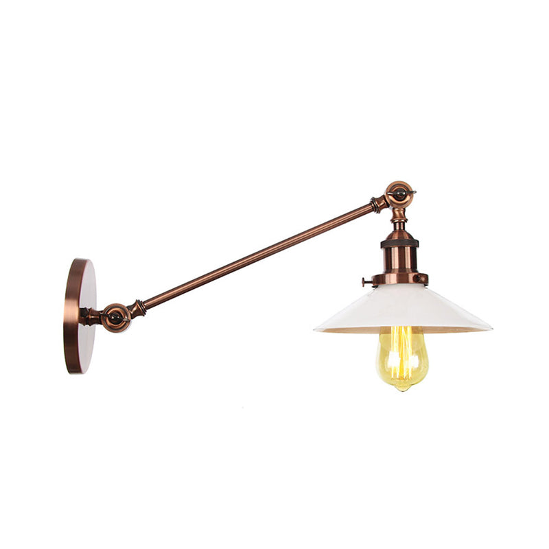 BowLift | Industrial Conical Wall Lamp 1 Light Opal Glass Wall Lamp in Black/Copper/Brass with Arm, 8"/12" L