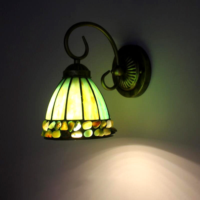 BowLift | Dome Wall Lighting Idea Tiffany Toughened/Beige/Green Toughened Glass 1 Light White/Bronze Wall Lamp With Stone Deco