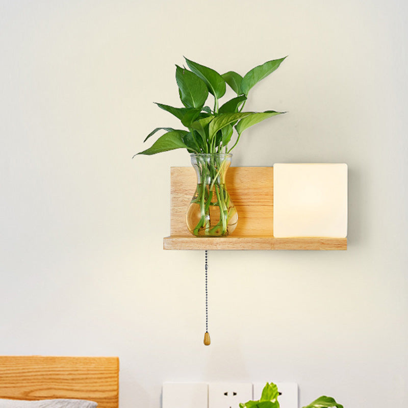 BowLift | Minimalism Square Wall Lamp Fixture 1 Main White Glass LED Wall Light in Wood, Left/Right