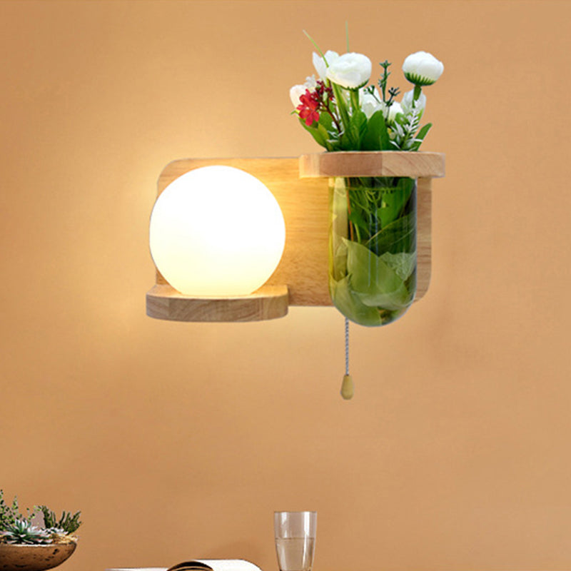 BowLift | Milk glass surface wall lamp industrial 1 head bedroom LED wall lighting in wood, left/right