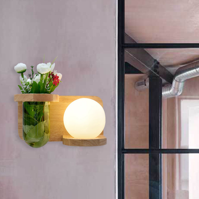 BowLift | Milk glass surface wall lamp industrial 1 head bedroom LED wall lighting in wood, left/right