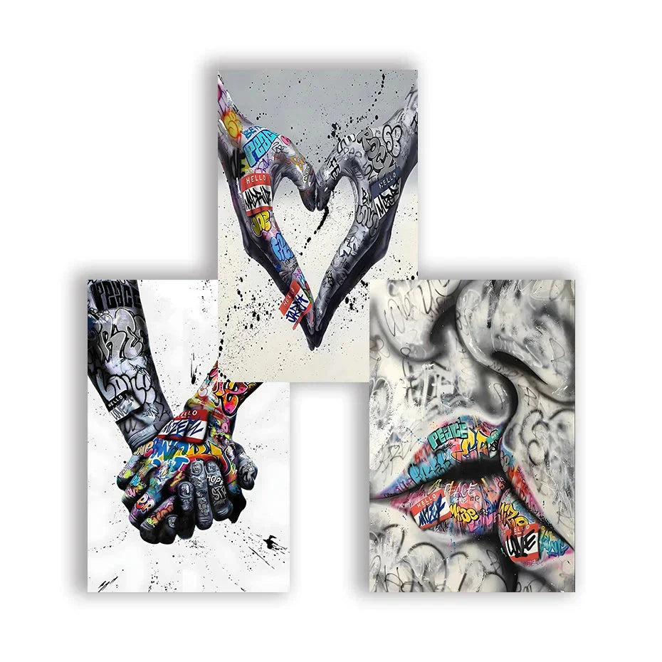 BowLift | 3PCS Modern Love Hand in Hand Kiss the Kiss Poster Graffiti Banksy Street Wall Art Canvas Painting Prints Pictures Room Decoration