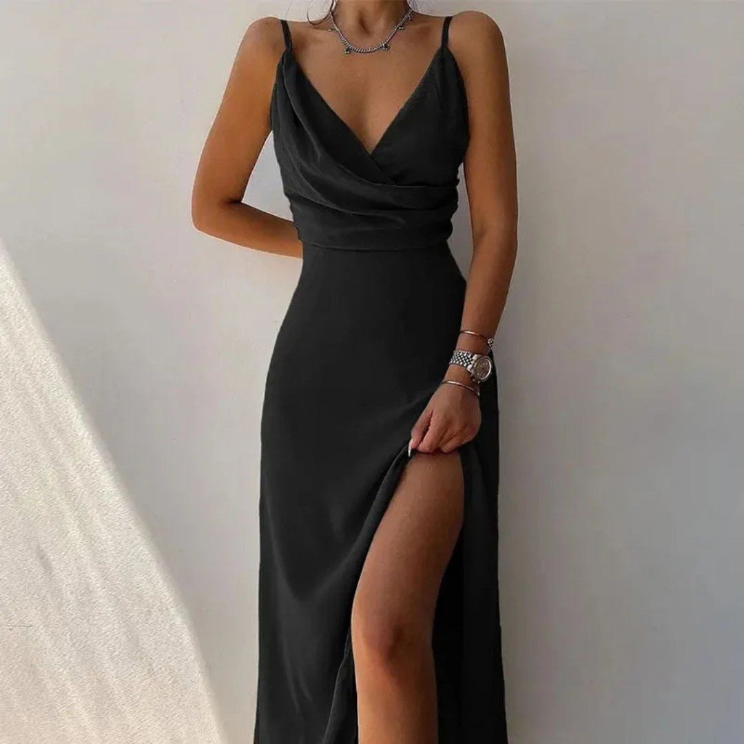 Wrap Dress with Deep V-Neck and Thigh-High Slit