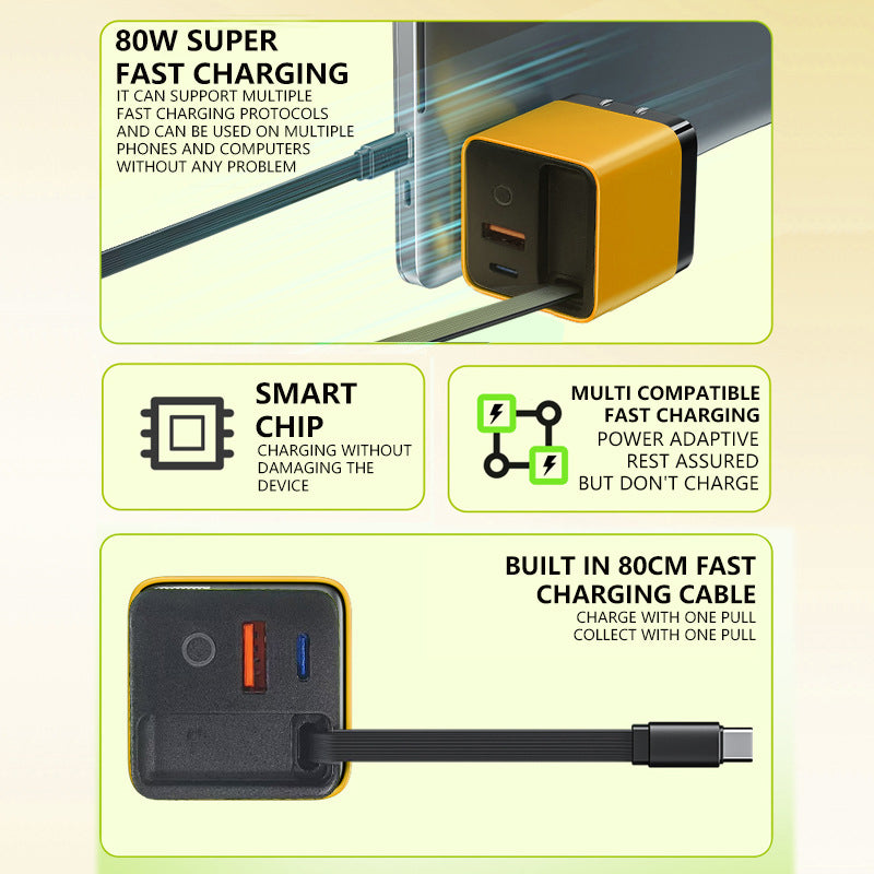 BowLift | 3 in 1 GaN Charger, Scalable 80W MAX fast charger module with Type-C cable and 2 USB ports