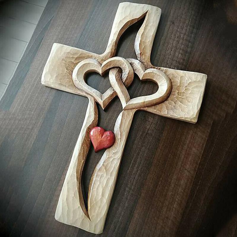 BowLift | Hand-carved wooden cross - Intertwined hearts