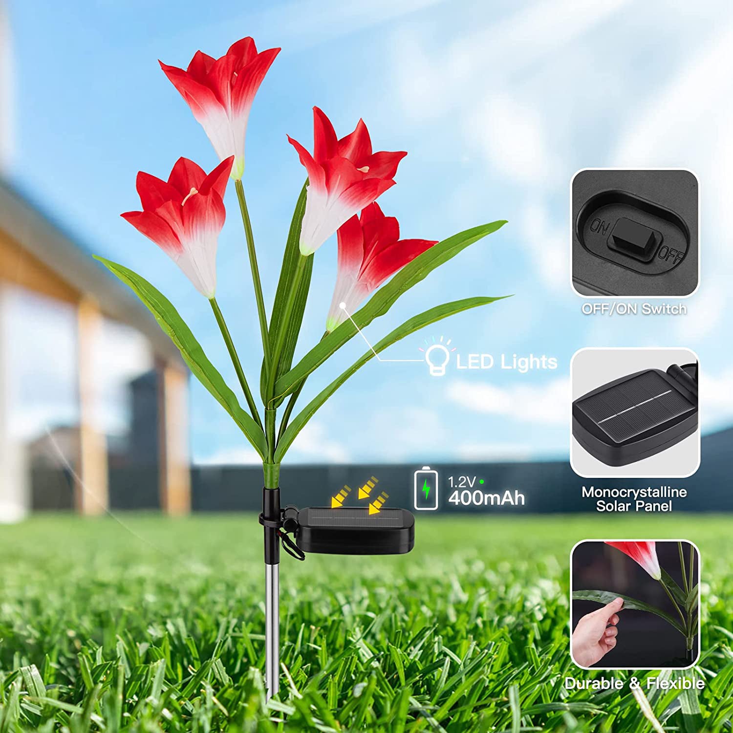 BowLift | 4-pack: Solar garden lights with color change and 16 larger lily flowers