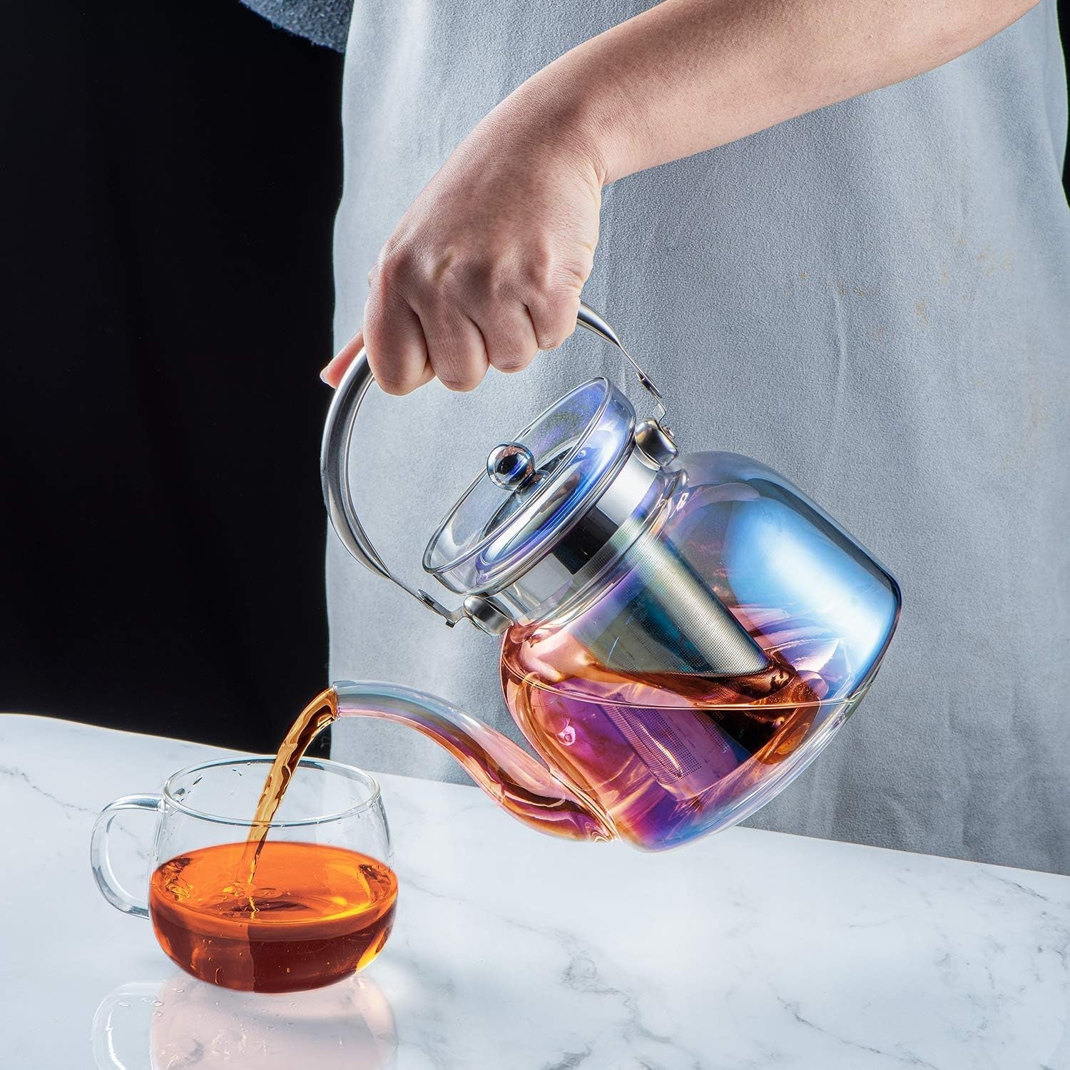 BowLift | 50 Oz(1500Ml) Glass Teapot with Lid, Removable Stainless Steel Tea Strainer and Handle, Stovetop Safe Tea Maker for Blooming and Loose Leaf Tea (Iridescent)