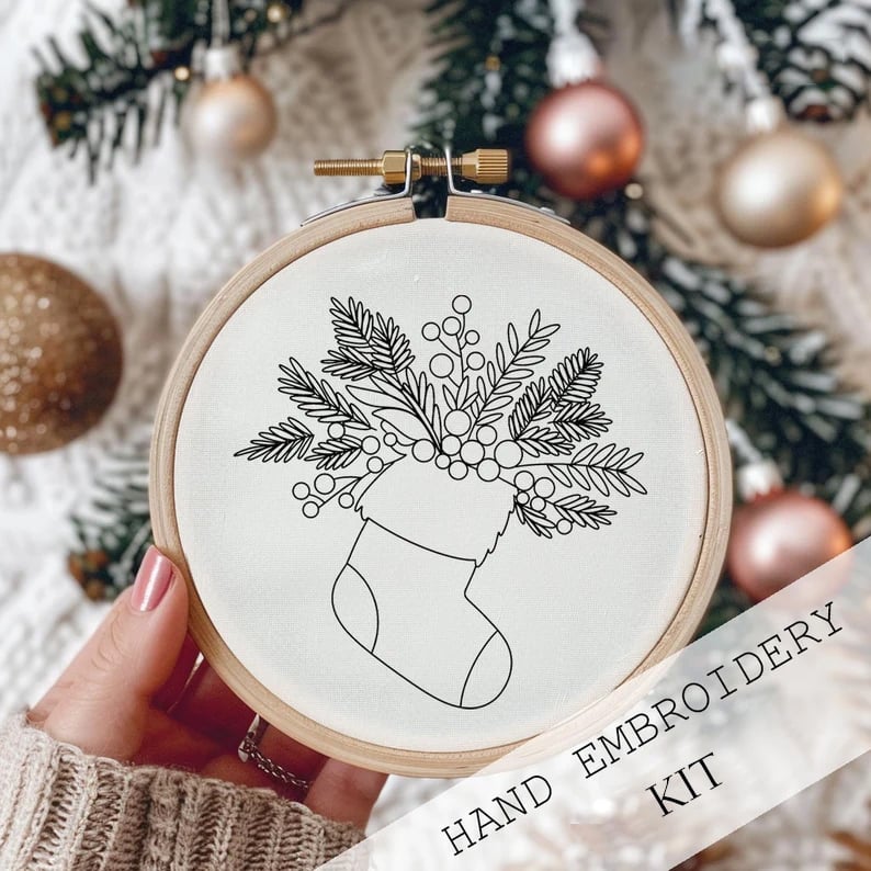 BowLift | Christmas Embroidery Kit | Winter Snowy Village Pattern | Beginner Craft Set with Hoop & Threads