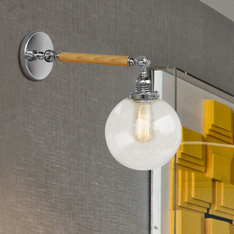 BowLift | Vintage Orb Wall Light Fixture 1 Lamp Clear Glass Wall Lamp in Chrome for Bathroom, 8"/4"/6" Wide Wooden Arm