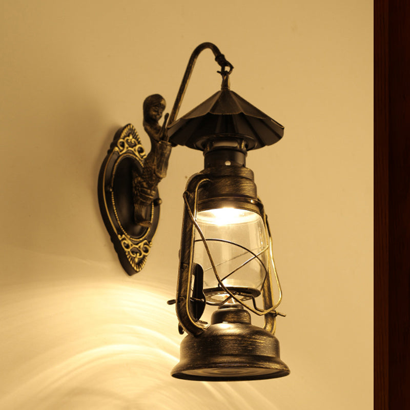 BowLift | Kerosene Clear Glass Wall Lamp Coast Single Bulb Living Room Sconces Lamp in Black/Antique Brass