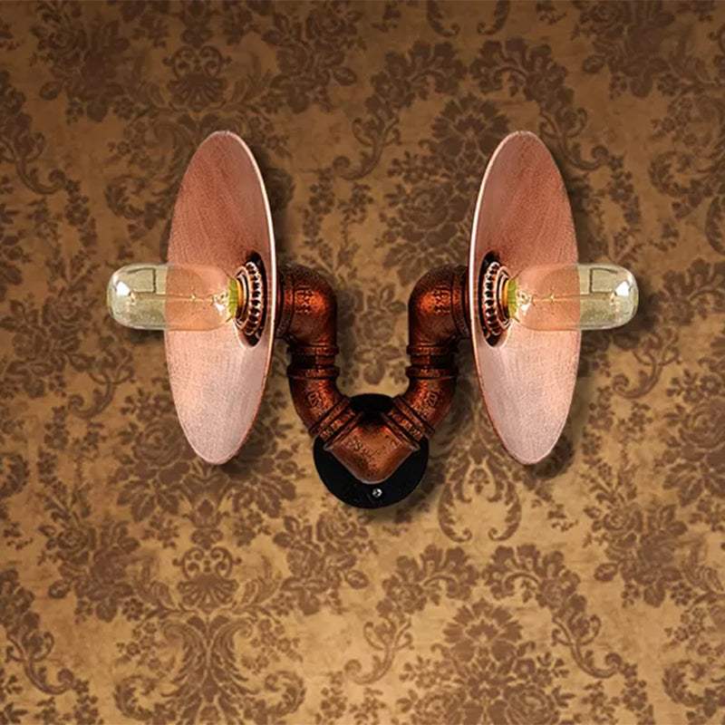 BowLift | Dark Rust Round Wall Light Rustic Style Wrought Iron 2 Bulbs Bedroom Wall Mounted Light with Pipe