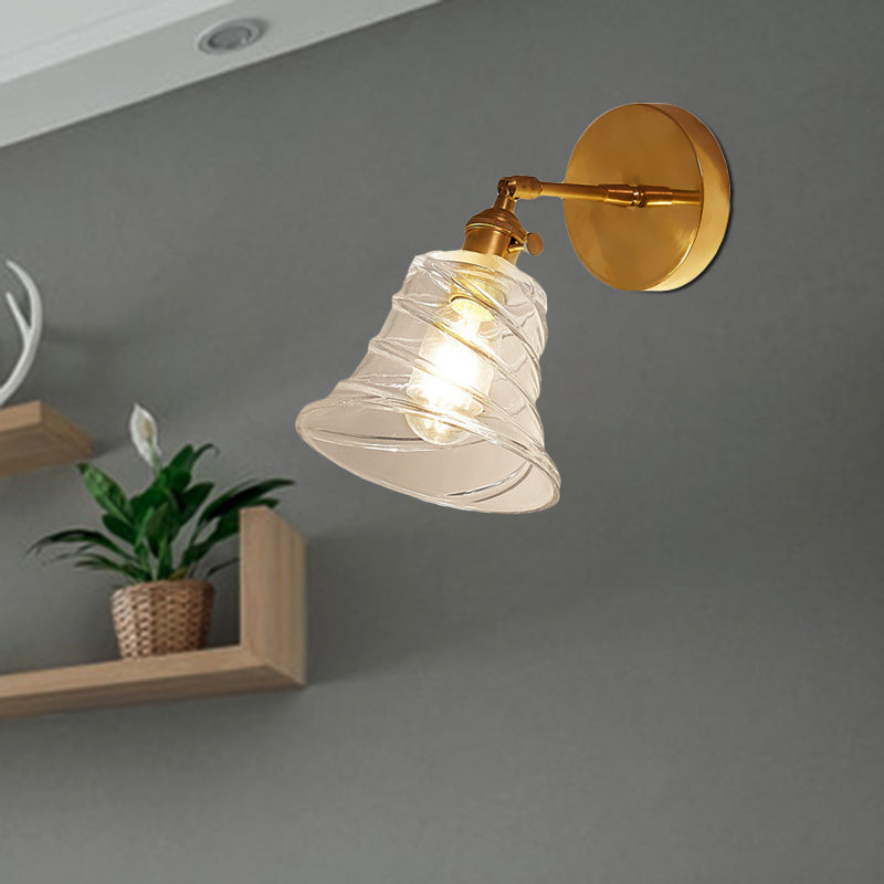 BowLift | Flared Bedroom Wall Lighting Industrial Clear Swirl Glass 1 Light Brass Wall Lamp