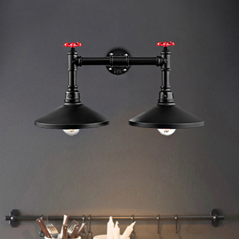 BowLift | Industrial Cone Wall Lamp with Raw Valve 2 Heads Metal Wall Light in Black for Hallway
