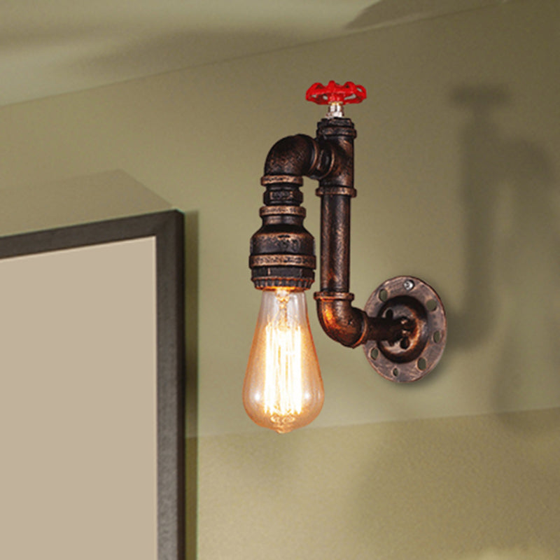 BowLift | Rustic Style Pipe Wall Sconce with Valve Wheel 1 Bulb Wrought Iron Wall Mounted Light in Bronze