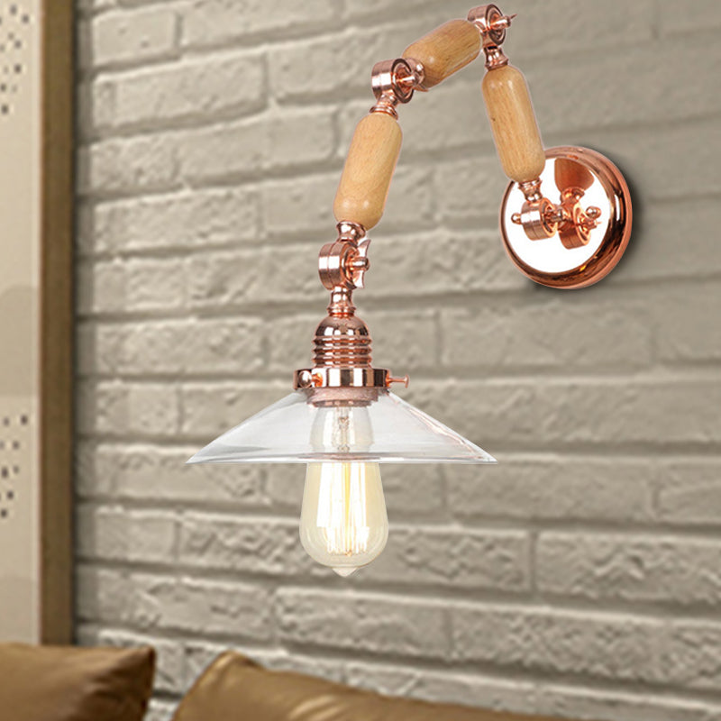 BowLift | Cone-shaped Clear Glass Wall Lamp Vintage Single Bulb Living Room Sconces Light in Rose Gold with Arm