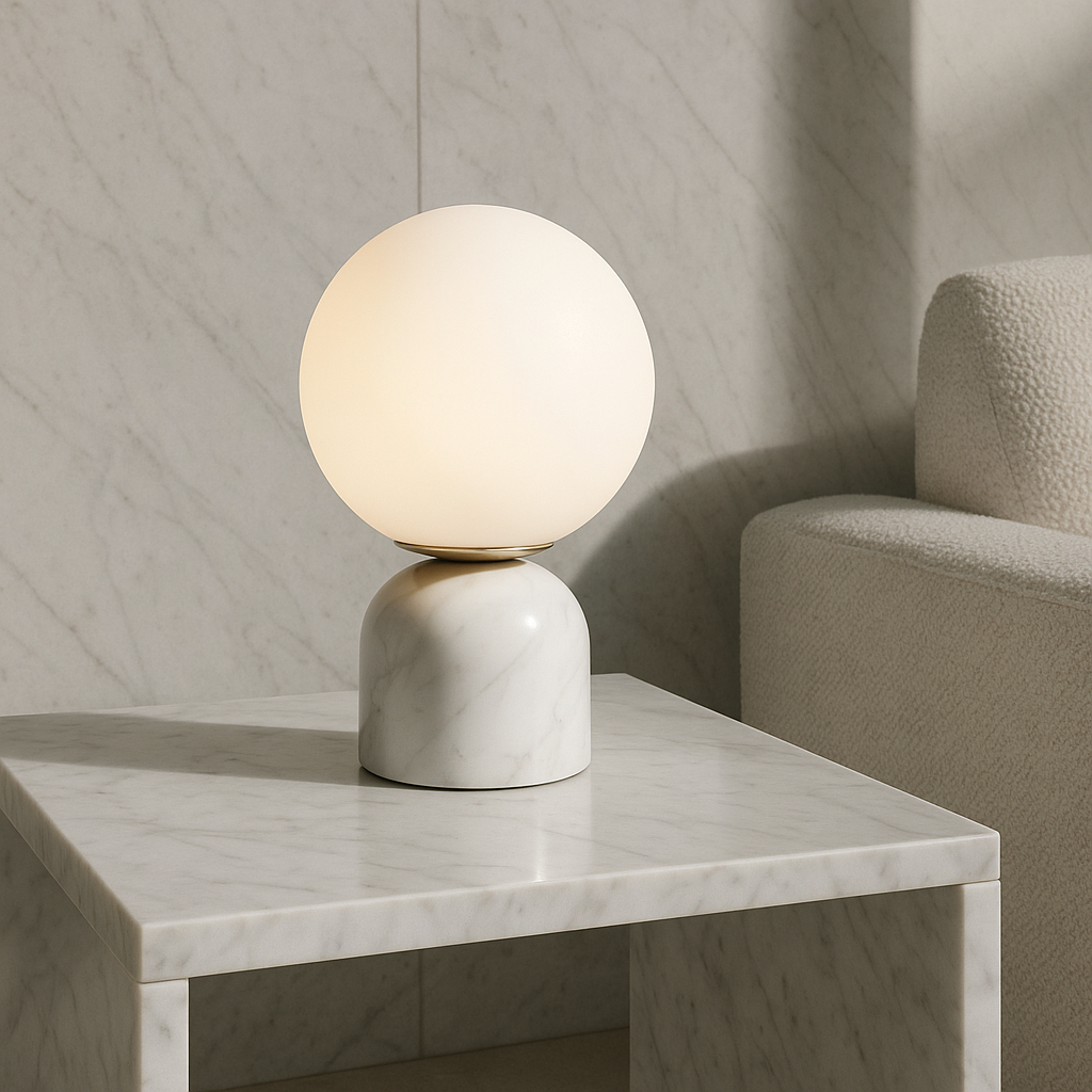 BowLift | Marnor | Marble Table Lamp with Glass Shade – Scandinavian Minimalist Design