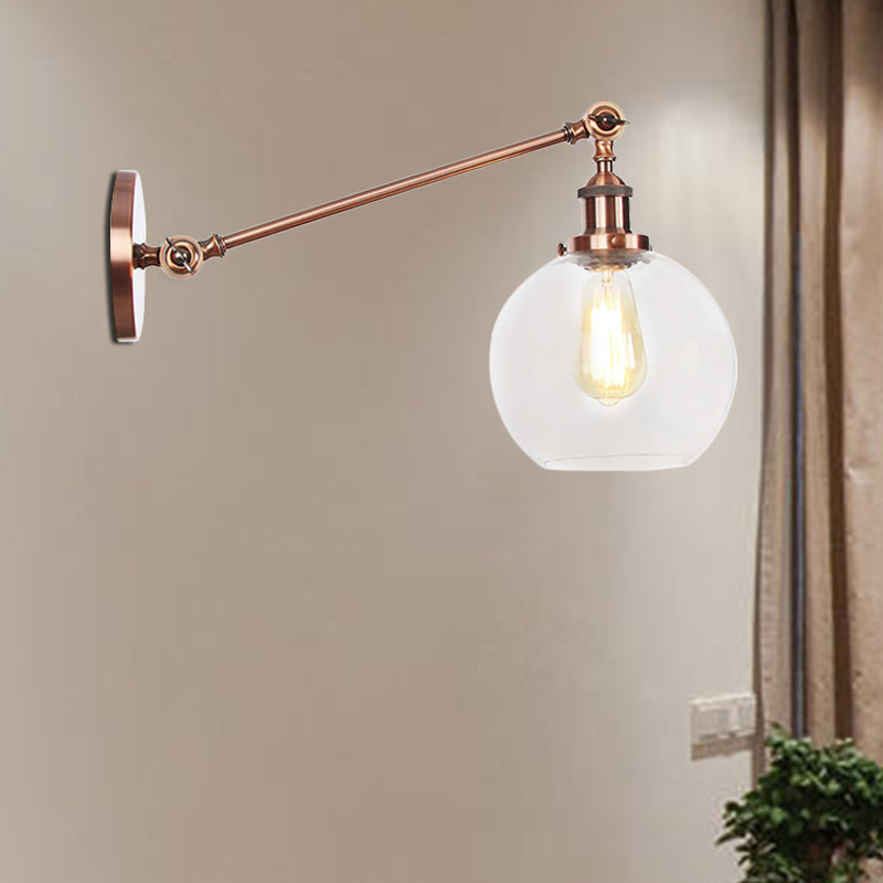 BowLift | Clear Glass Globe Wall Lighting Country House 1 Light Living Room Fixture in Black/ Brass/ Bronze with Arm, 8"/12" L