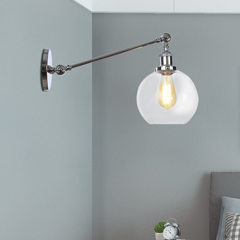 BowLift | Clear Glass Globe Wall Lighting Country House 1 Light Living Room Fixture in Black/ Brass/ Bronze with Arm, 8"/12" L