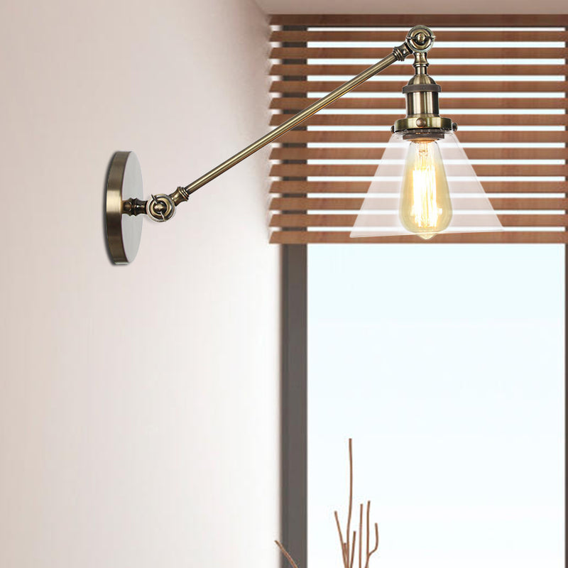 BowLift | Industrial Conical Wall Lamp 1 Light Clear Glass Lighting in Black/Bronze/Brass, 8"/12" L Arm