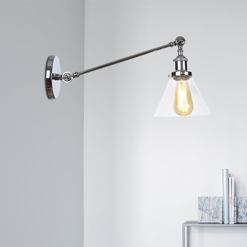BowLift | Industrial Conical Wall Lamp 1 Light Clear Glass Lighting in Black/Bronze/Brass, 8"/12" L Arm