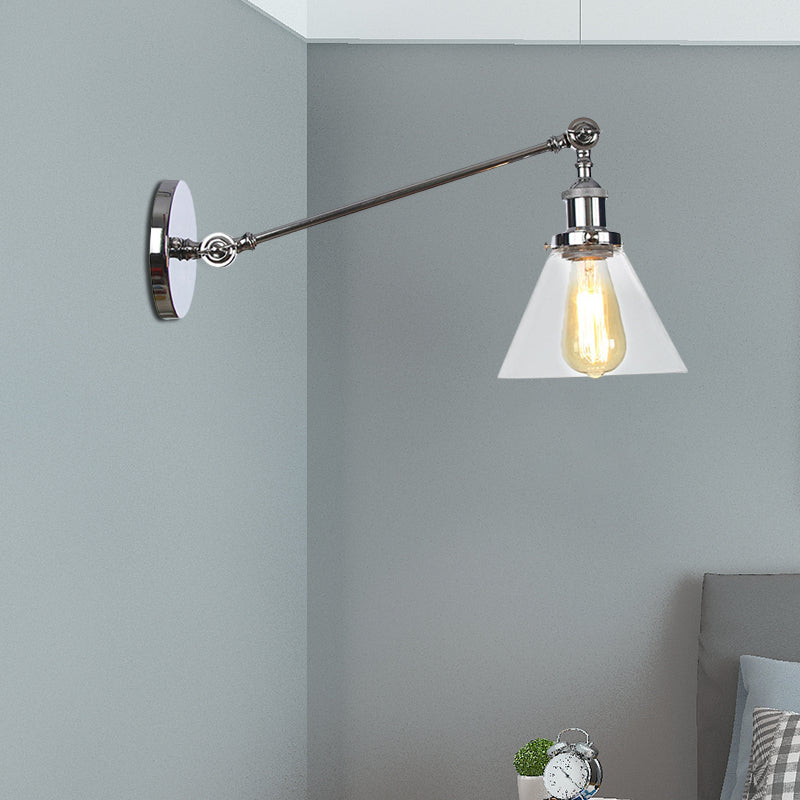 BowLift | Industrial Conical Wall Lamp 1 Light Clear Glass Lighting in Black/Bronze/Brass, 8"/12" L Arm