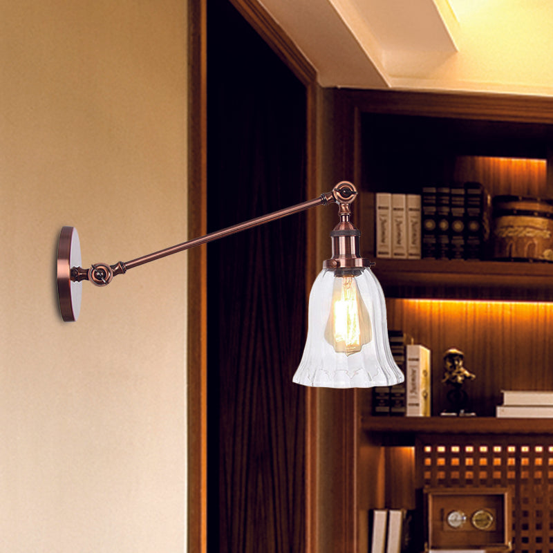BowLift | Black/Bronze/Brass 1 Light Wall Lighting Unit Vintage Clear Glass Bell Wall Lamp with Arm, 8"/12" Long