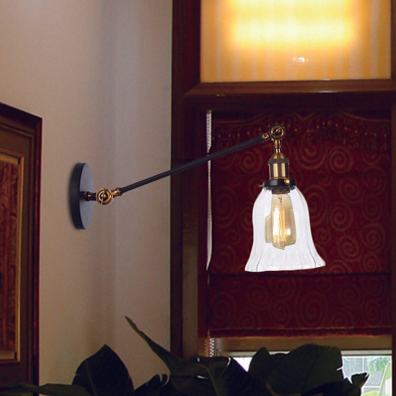 BowLift | Black/Bronze/Brass 1 Light Wall Lighting Unit Vintage Clear Glass Bell Wall Lamp with Arm, 8"/12" Long