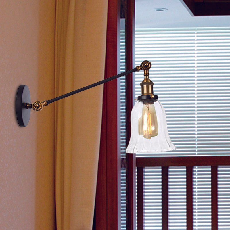 BowLift | Black/Bronze/Brass 1 Light Wall Lighting Unit Vintage Clear Glass Bell Wall Lamp with Arm, 8"/12" Long