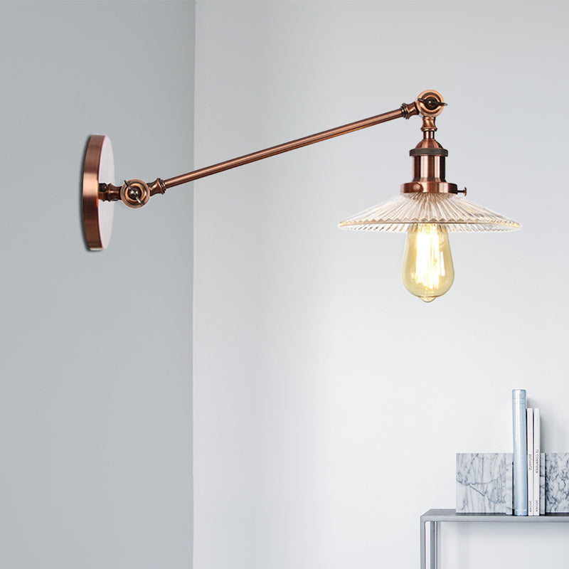 BowLift | Clear Ribbed Glass Bronze/Brass/Copper Wall Mounted Lamp Shade 1 Light Vintage Lighting Fixture, 8"/12" L Arm