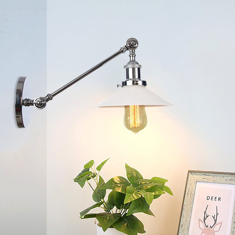BowLift | Industrial Conical Wall Lamp 1 Light Opal Glass Wall Lamp in Black/Copper/Brass with Arm, 8"/12" L