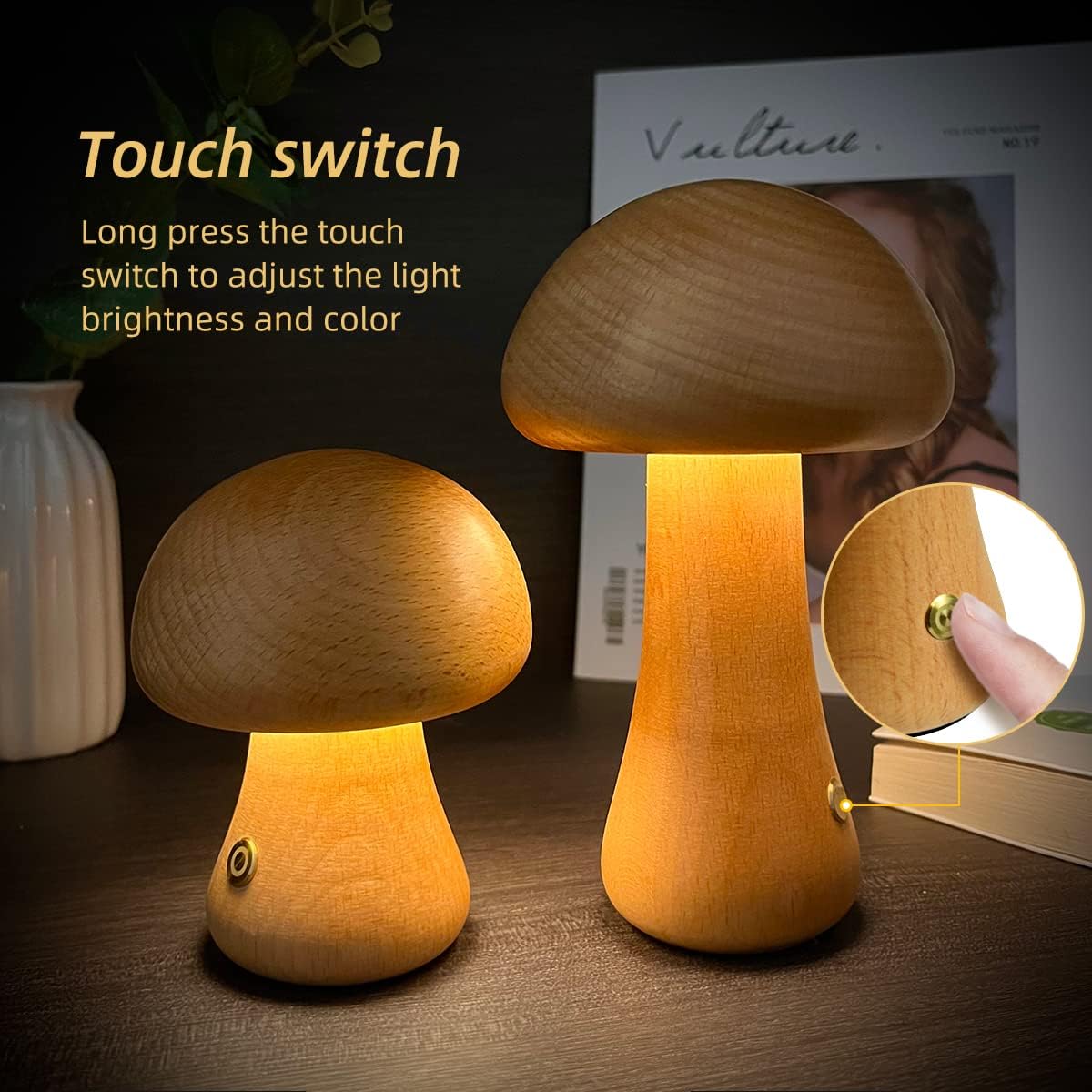 BowLift | LumoNight Wooden Mushroom Night Light – LED Bedside Lamp with Touch Control